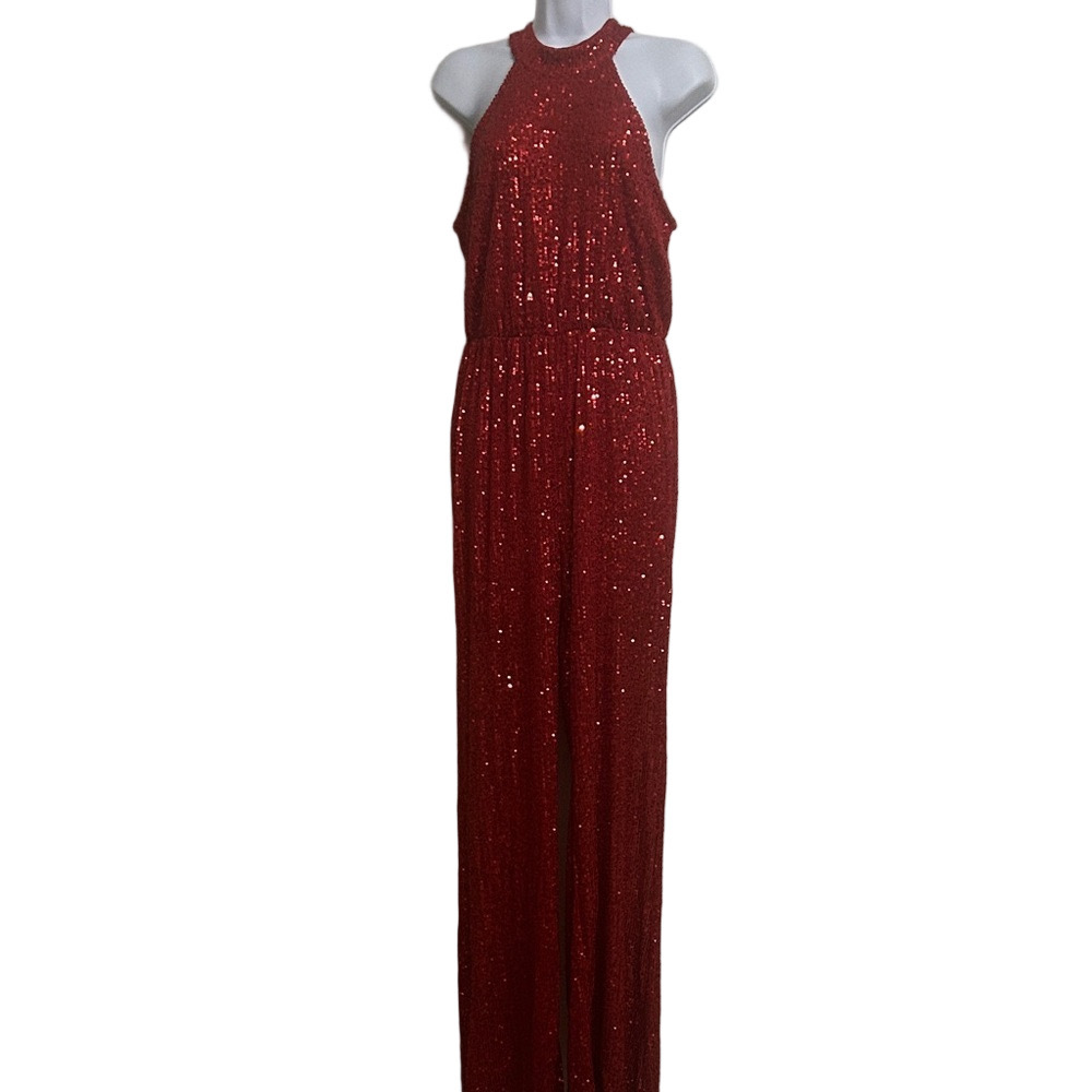 Valentine Red Sequin Halter Wide Leg Jumpsuit Pockets Sleeveless M
